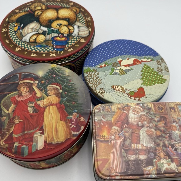 The Unbranded Brand Other - 4 Vtg Christmas Metal Cookie Candy Tins Round MCM Santa Bear Toy Winter Snow